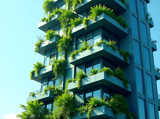 A stunning, modern glass building with a vibrant vertical garden, reducing carbon dioxide.  Illustrates sustainable green architecture and a sustainable lifestyle.