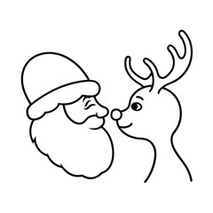 Charming illustration of santa claus and a friendly reindeer touching noses set against a clean white background perfect for holiday greetings