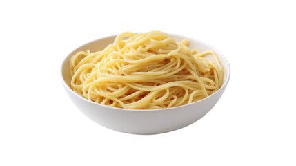 A white bowl filled with plain cooked spaghetti noodles isolated on transparent background