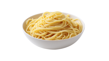 A white bowl filled with plain cooked spaghetti noodles isolated on transparent background