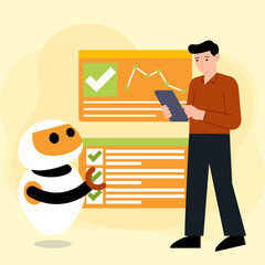Robot assisting humans at work vector illustration