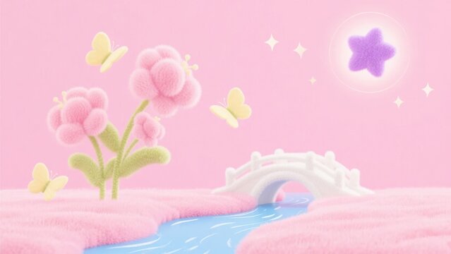 Pastel-colored 3D scene featuring fluffy flowers, butterflies, and a small bridge over a stream