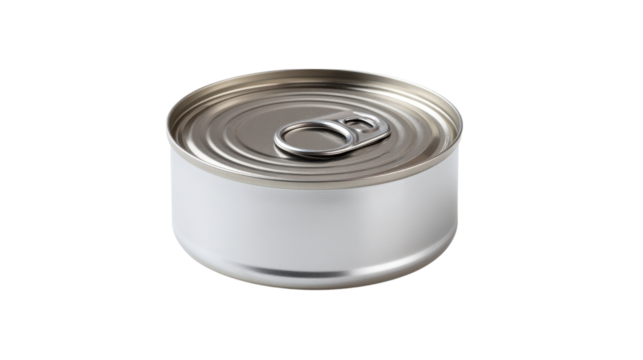 Silver metal food can with pull tab and blank label isolated on transparent background