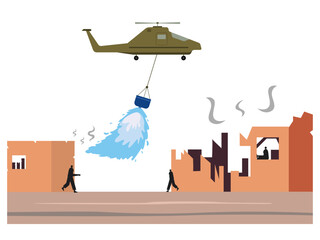 Helicopter flying watering the burning building. War illustration. Flat vector illustration.