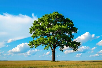 A lone green tree stands tall in an open field under a bright blue sky with scattered white clouds.