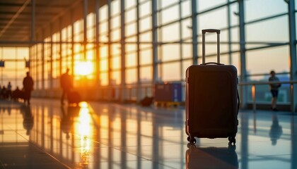 A suitcase stands alone in a sunlit airport terminal with travelers and large windows glowing from the setting sun.