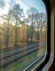 A view from a train window showing blurred trees and railway tracks during motion in a rural setting.