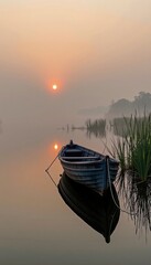 A calm boat floats on still water at sunrise, surrounded by tall reeds and misty trees in a tranquil, foggy lakeside scene.
