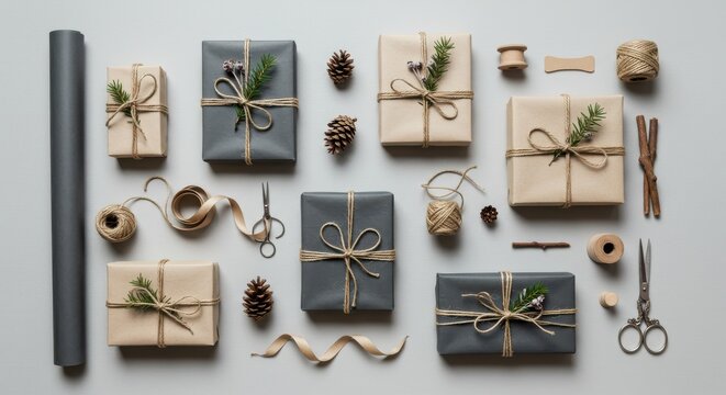 Wrapped gifts with twine and decorations