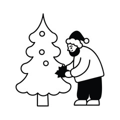 Whimsical illustration of santa claus placing a brightly wrapped gift under a decorated christmas tree on a clean white background