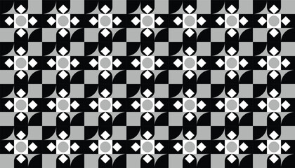 Seamless monochrome geometric pattern with floral-inspired shapes, interlocking petal elements, and a rhythmic grid layout in black, white, and gray tones