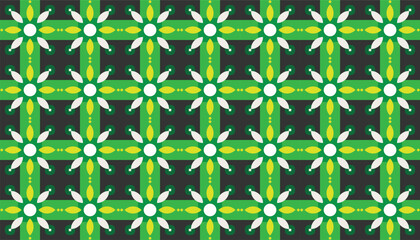 Tropical-inspired seamless pattern with geometric flowers and intersecting green lines. A lively and cheerful vector perfect for wrapping paper, fabric, or digital backgrounds