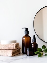 Naklejka premium A serene bathroom countertop featuring amber bottles, towels, and a mirror reflecting tranquility