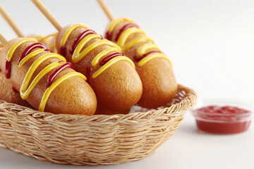A photorealistic mini corndog basket with golden fried corndogs