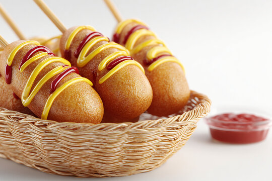 A photorealistic mini corndog basket with golden fried corndogs