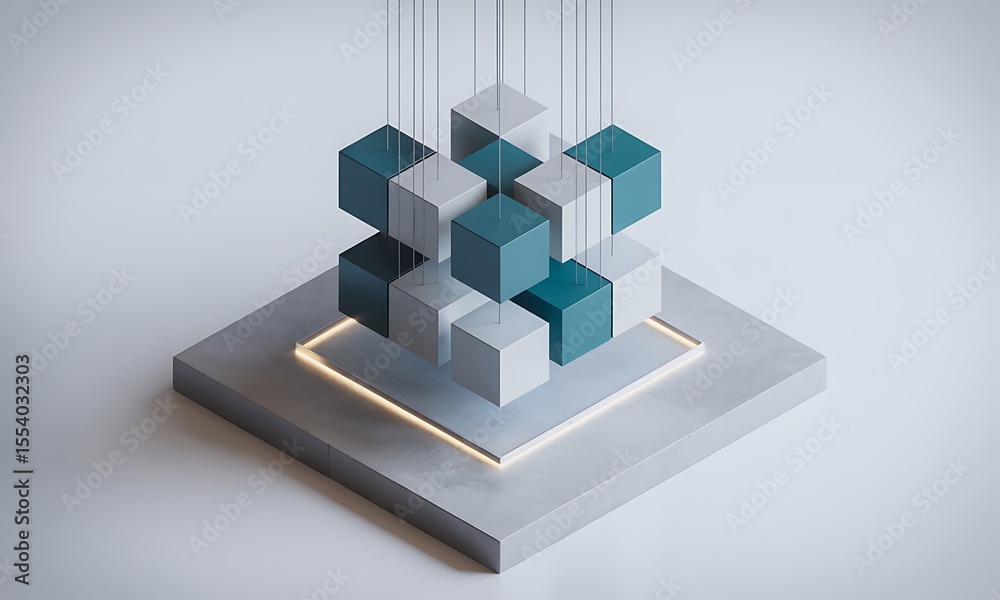 Poster Floating Cubes Form in a Modern, Abstract Composition with a subtle lighting effect and plenty of copy space, emphasizing the concept of connection