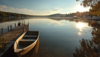 Calm lake sunrise, wooden dock, small boat
