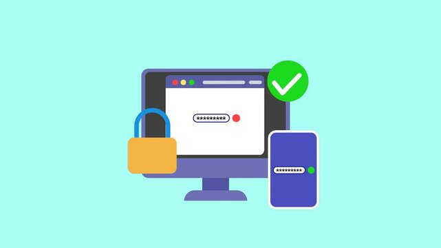 Animated illustration of two step verification showing password input on desktop and mobile screen with padlock and checkmark symbol in a modern flat design for online security concept