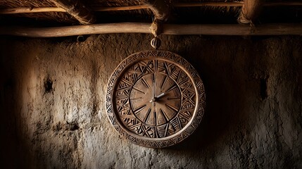 Artistic tribal clock African motifs carved wooden frame hanging mud house traditional decor capturing cultural timekeeping from indigenous craftsmanship  on  