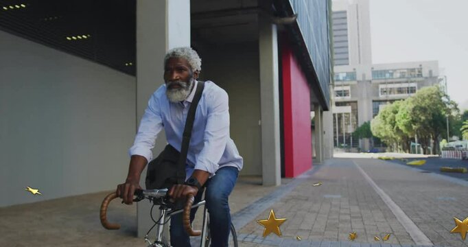 Mid adult male cyclist pedaling on walkway starting floating stars around bike for tech marketing