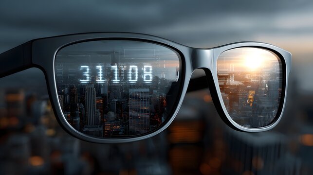 Augmented reality time display integrated into smart glass interface cityscape tech background digital overlay wearable AR tech clock concept POV view immersive visuals   transparent