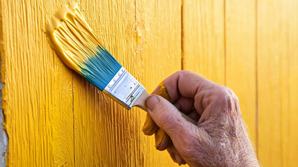 Elderly Hand Painting Fence with Yellow Brush.
