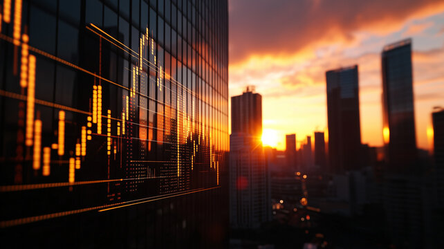 City Skyline with Stock Market Graph Reflected on Building at Sunset.
