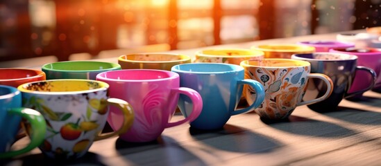 Colorful ceramic tea cups and mugs on a white table, perfect for a morning coffee or hot beverage in a cafe