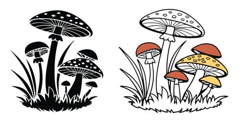 Realistic Mushroom Vector Pack – Black Silhouettes and Color Art