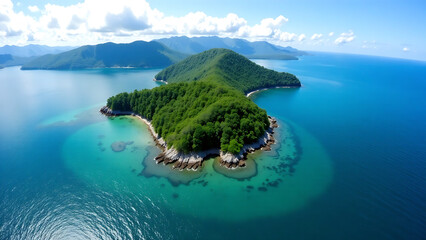 Fototapeta premium Aerial drone panoramic shot of Pinagbuyutan Island, Philippines, showcasing the island's rugged coastline, lush vegetation, and vibrant turquoise waters. Focus on the overall beauty and natural lands