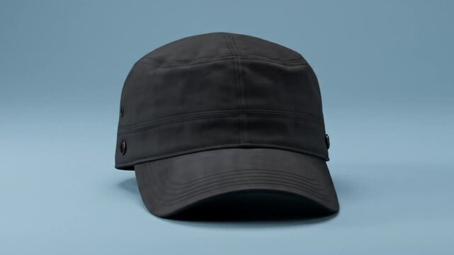 Black military cap on blue surface