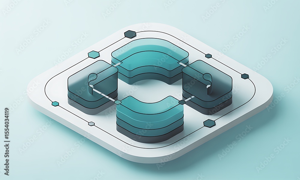 Fototapete isometric server architecture illustrates data flow on a white platform, representing a cloud comput