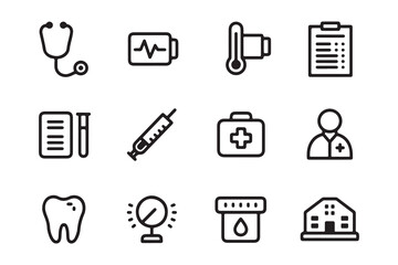 Collection of medical and healthcare icons in a simple outline style