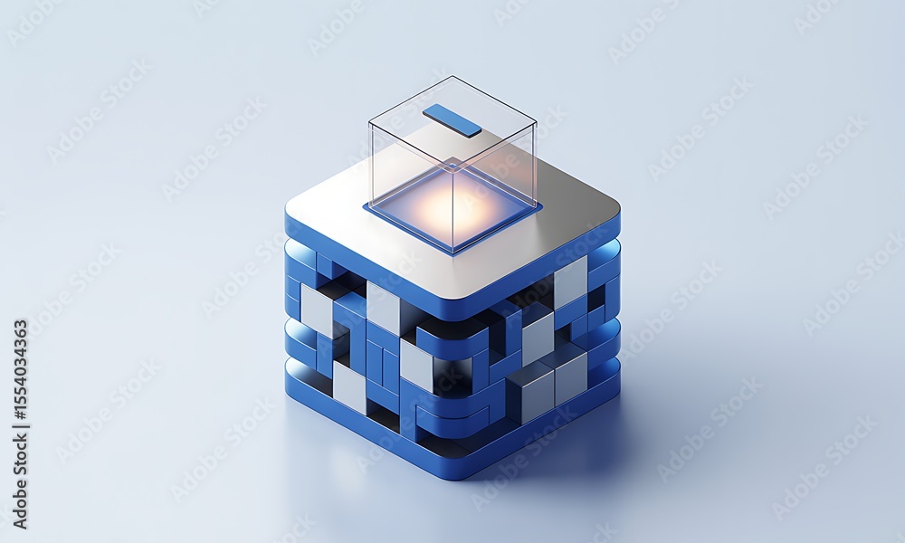 Poster quantum computer cube renders data, with abstract design, in a modern tech environment, emphasizing 