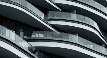 Fototapeta premium Abstract monochrome close-up of a modern building's curved balconies and glass railings.