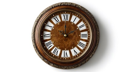 Antique Victorian style wall clock white background ornate wooden frame brass detailing classic Roman numeral vintage craftsmanship cultural heritage timekeeping theme transparent