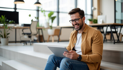 Happy man sitting on office stairs using digital tablet with casual outfit and glasses in modern workspace