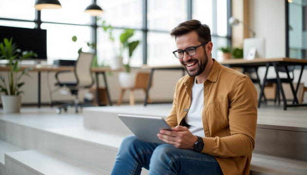 Happy man sitting on office stairs using digital tablet with casual outfit and glasses in modern workspace