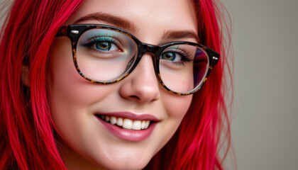 Obraz premium Red haired young woman with glasses smiling happily showing teeth and bright eyes closeup portrait