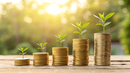 Green shoots sprouting from stacks of gold coins symbolizing financial growth and investment success in a warm sunny outdoor setting