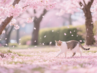 cat, cherry_blossoms, spring, walking
