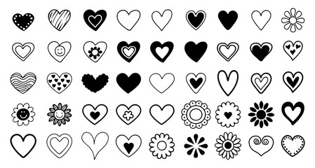 A diverse collection of hand drawn heart and flower icons in black and white perfect for romantic or decorative design elements