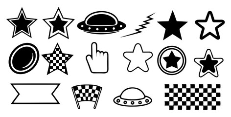 Collection of black and white graphic icons including stars ufos a checkered flag a pointing finger a banner and a racing checkered pattern for design elements