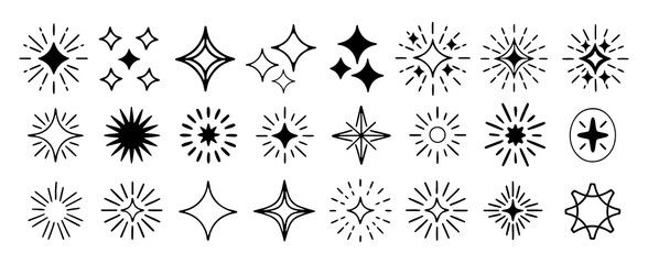 A collection of hand drawn starbursts and sparkle icons featuring geometric shapes and radiant lines in a simple black and white doodle style for design elements