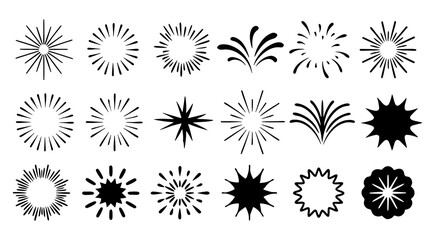 Collection of black and white abstract starbursts and sunbursts graphic elements for design and celebration