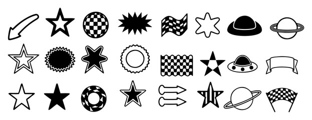 Collection of black and white graphic icons featuring stars arrows planets ufos hats ribbons and checkered flags for design elements and symbols