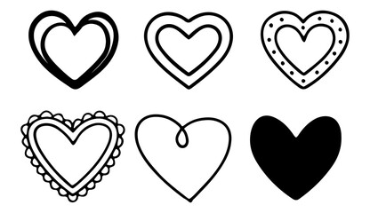Collection of six diverse hand drawn heart shapes in black and white with varied decorative outlines and solid fill for graphic design elements