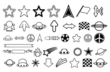 Collection of simple black and white outline icons and symbols including stars planets ufos arrows flags and other graphic elements for design and illustration