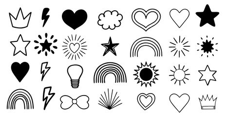 A collection of hand drawn doodle icons featuring hearts stars rainbows lightning bolts clouds suns a crown a lightbulb and a bow tie on a white background