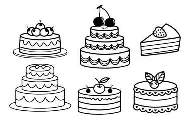 A charming collection of hand drawn black and white cakes and a slice of cake perfect for celebrations and sweet treats